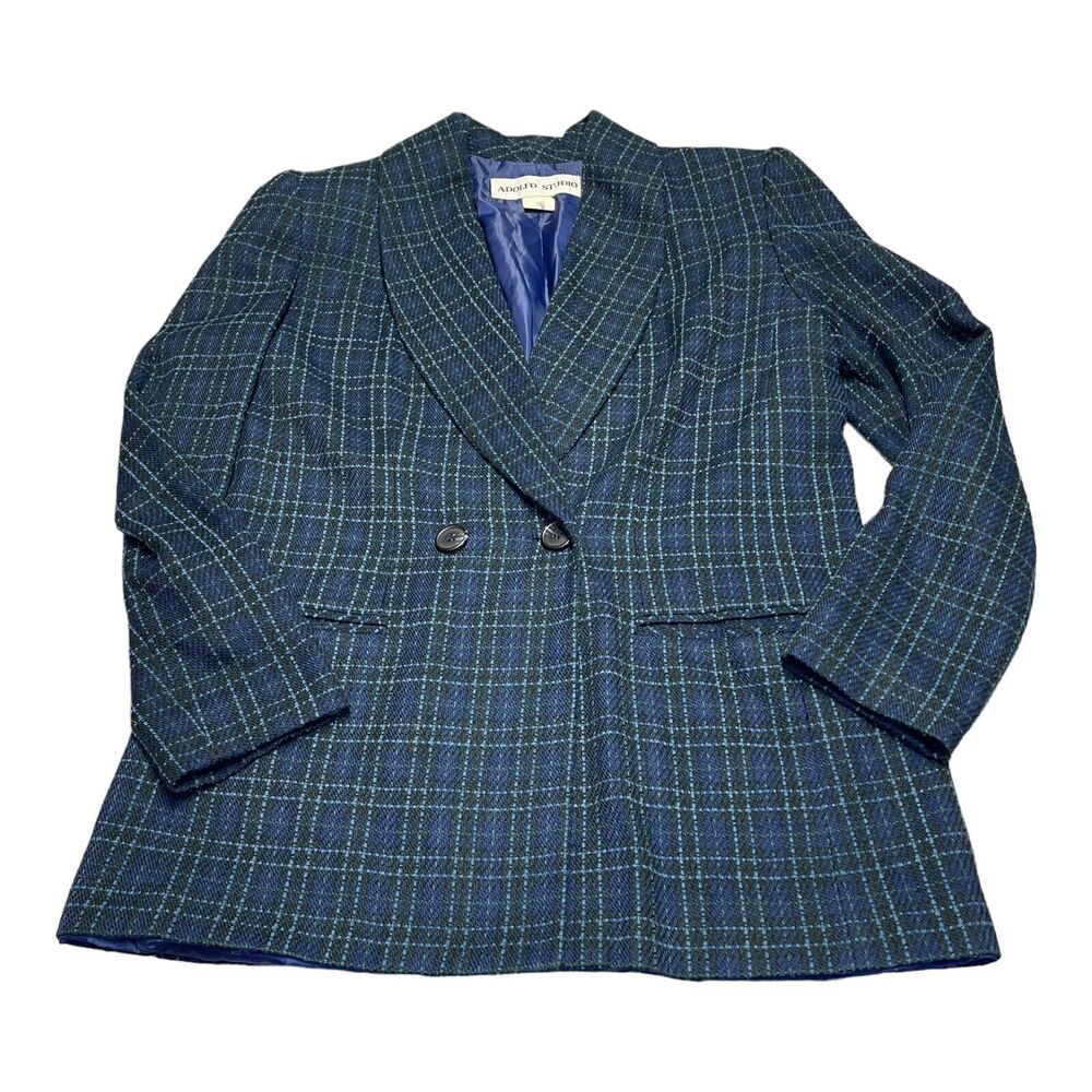 Adolfo Studio 2 Piece Skirt Suits Women's 6 Blue Plaid Polyester Double Breasted - Picture 8 of 16